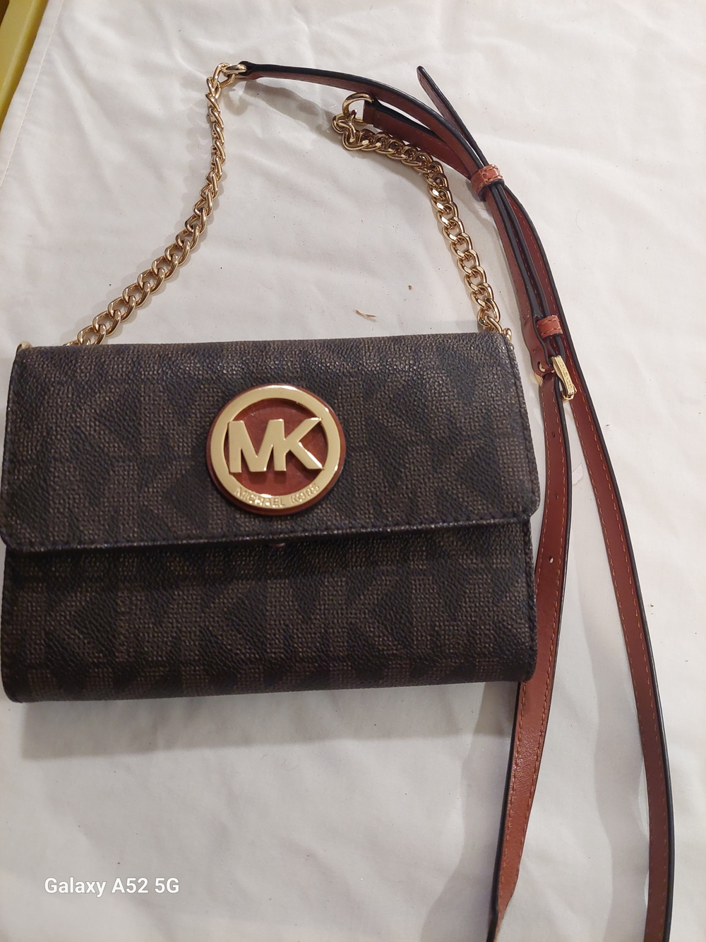 Michael Kors Dark Brown Logo Crossbody Or Wallet with Gold Chain